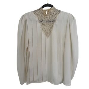 Vintage Ivory Lace Bib High Neck Pleated Blouse Top Size 8 Victorian Edwardian